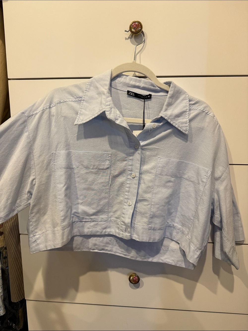 Zara Pale Blue Cropped Button-Front Shirt